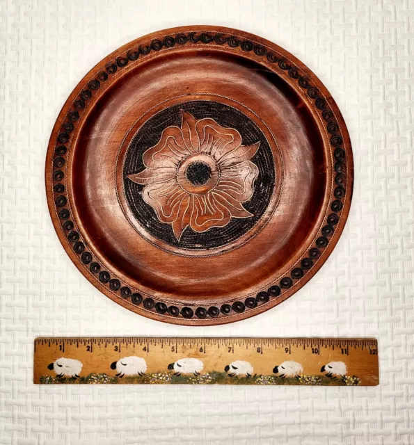 Vintage Polish Folk Art Hand Carved Wooden Plate Home Wall Decor Flower Plate