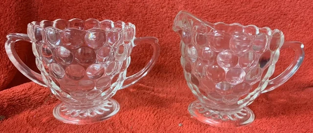 Anchor Hocking Bubble Pattern Clear Glass Creamer and Sugar Bowl Vintage