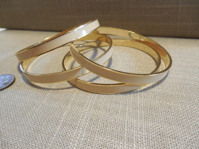 Vintage NOS quality lot of 4 ivory ENAMEL gold 1/4" bangle bracelets BR8 #1