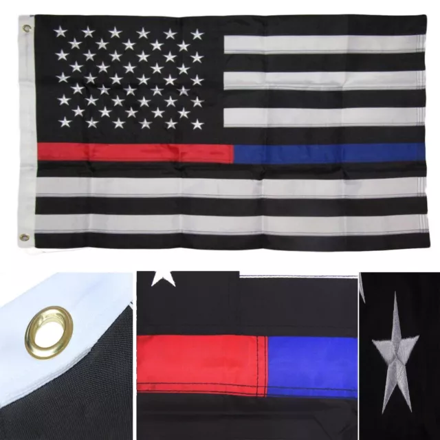 2x3 FT Thin RED + BLUE Line USA Flag Police Fire Dept American Embroidered Nylon