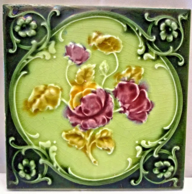 Ancien Carreau Majolique Art Nouveau Angleterre Rose Violet Architecture Floral