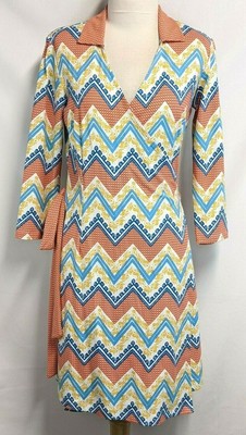 J McLaughlin Women S Orange Blue Geometric Catalina Cloth V-Neck Wrap Dress