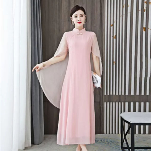 Womens Chinese Cheongsam Qipao Long Dress Maxi Chiffon Mandarin Collar Cape Gown