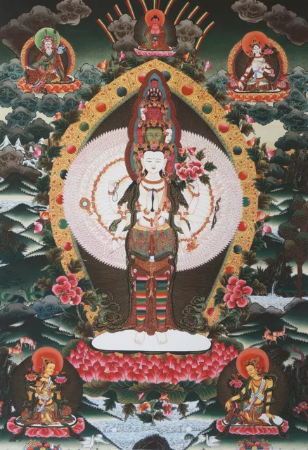 25"Natural Mineral Color Silkprint Tibetan Thangka: 1000 Hands Avalokiteshvara =