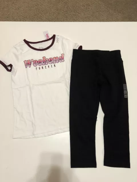 NWT Justice Girls 2 Piece Black Capri Leggings Short Sleeve Shirt Weekend Sz 10