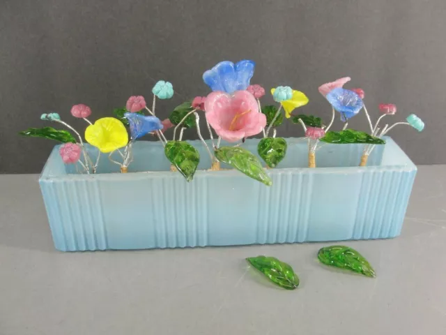 Czech Art Glass Flower Arrangement 🌸 Pressed Glass Flower Box Wire Wrapped Vtg