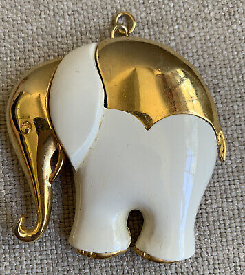 Vintage White Plastic Carved Elephant Pendant Gold Tone, Luck Symbol Large