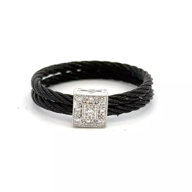 Charriol Geneve 18K White Gold Diamond & Signature Black Steel Ring Size 6.5