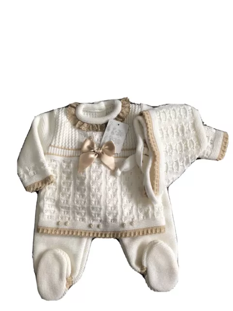 Baby Girl Spanish Designer Knitted 3 Piece Set 0-3m, pink or cream