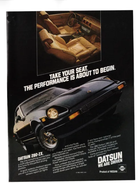 1982 Black Datsun 280-ZX Turbo ZX Vintage Print Ad "Take Your Seat" 1980s