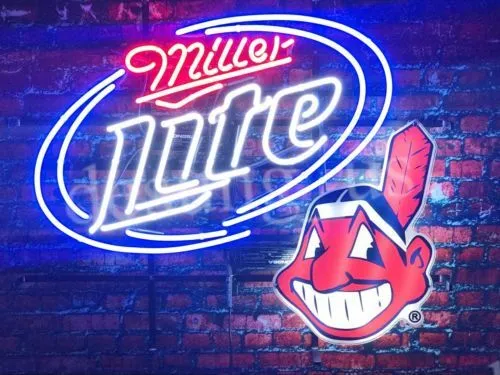 Cleveland Indians Chief Wahoo Miller Lite Beer 24"x20" Neon Light Sign Lamp Bar