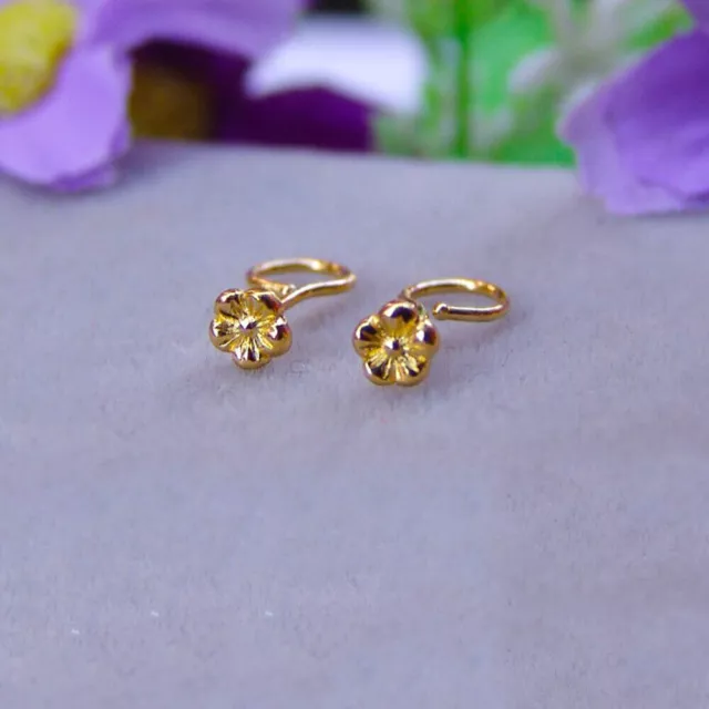 Real Solid 24K Yellow Gold Stud Earrings Peach Blossom Woman Lucky Gift 0.42g