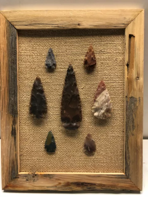 Flint Arrowheads 4 1/2" Spear  2 3" 4  1/2" Rustic Frame Burlap Background 10X12