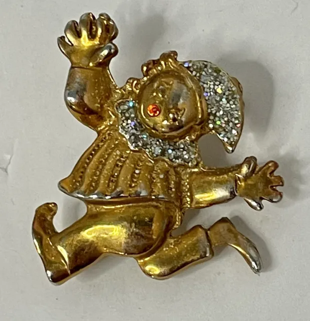 Vintage Rhinestone Gold Tone Jeweled Jester Dancing Clown Brooch Pin