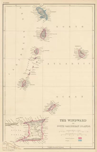 Windward or South Caribbean Islands. Barbados St. Lucia Trinidad. LOWRY 1860 map