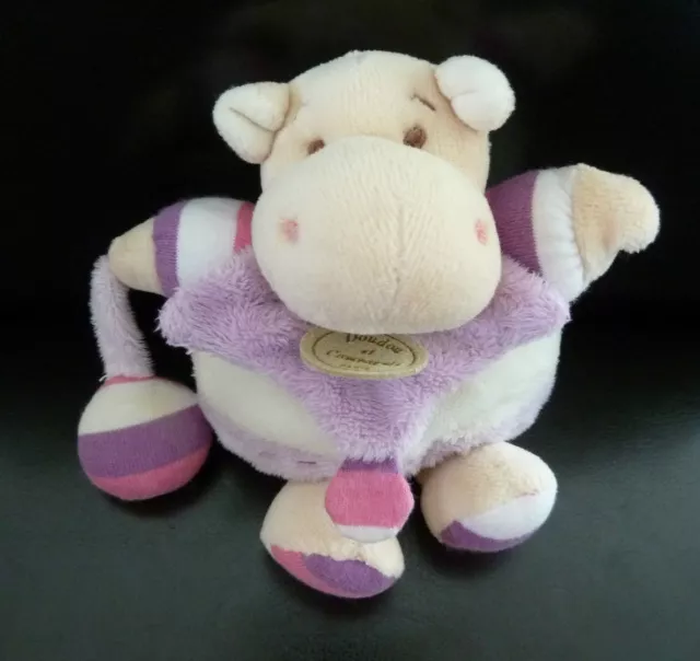 * DOUDOU ET COMPAGNIE HOCHET LEO HIPPOPOTAME vache BOULE MAUVE GRELOT 15cm  TTBE