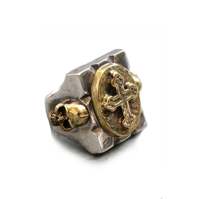 Cross Jesus Mexican ring sterling silver 925 brass Biker Skull Vintage Christ