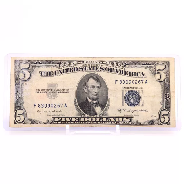 1953B $5 Five Dollar US Silver Certificate VINTAGE BLUE SEAL F1657 Smith Dillon