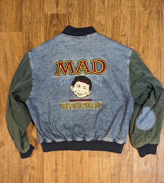 MAD Magazine Alfred Neuman Denim Jacket Large Mens 1993 Vintage Slogan Bomber