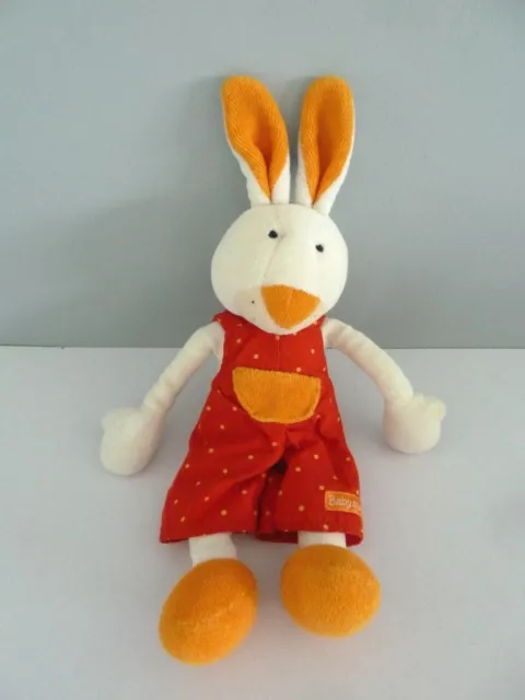 X9- DOUDOU PELUCHE  BABYSUN LAPIN EN SALOPETTE ROUGE ORANGE GRELOT 24/30 cms TBE