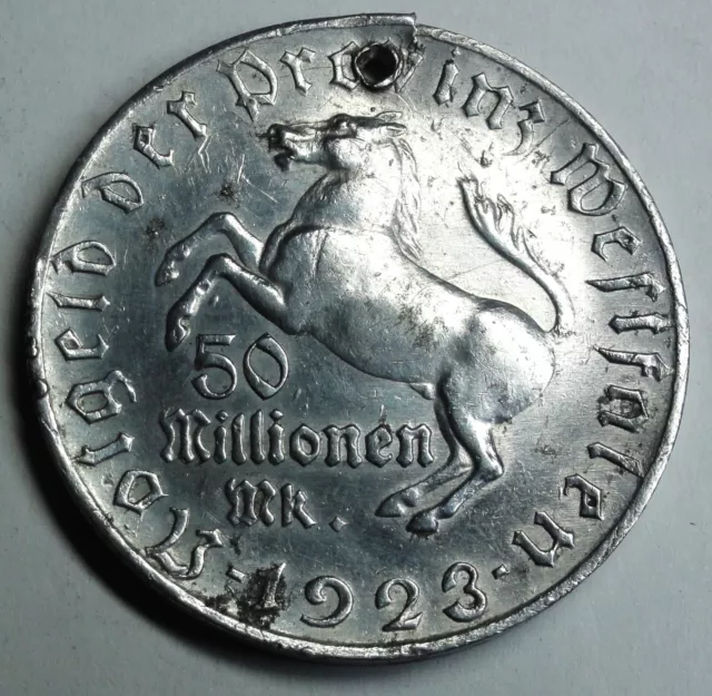 NOTGELD 1923 50 Mio Mark Provinz Westfalen Freiherr vom Stein s/f mit Münztasche