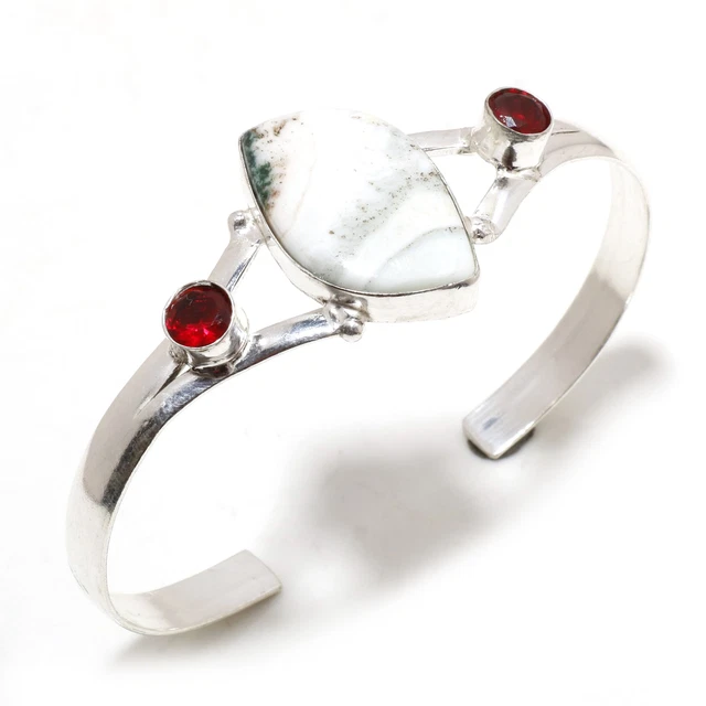 Blanc Mousse Agate Mozambique Gemme Grenat Bijoux Réglable Bracelet 174