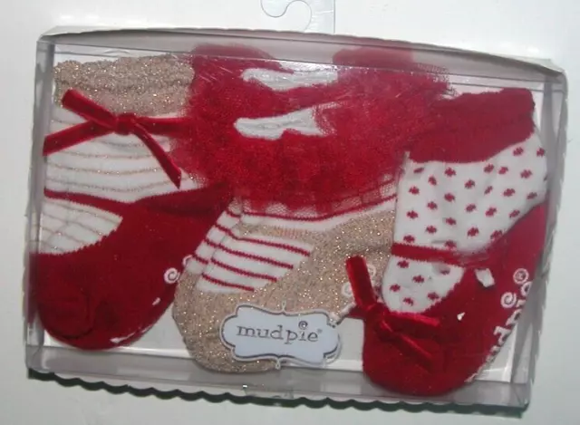 NEW Childrens 5 pair Socks  Mud Pie Baby Holiday Mary Jane Red White Gold