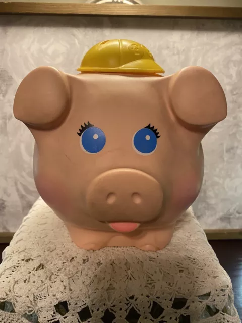 Vintage Fisher Price 1980  Pink Pig  PIGGY BANK   Yellow Hard Hat  Quaker Oats