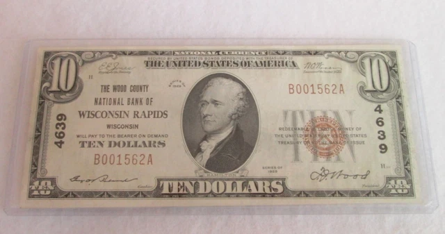 Ch# 4639 The Wood County National Bank Of Wiconsin Rapids Wisc.  $10 Type 1 Cu
