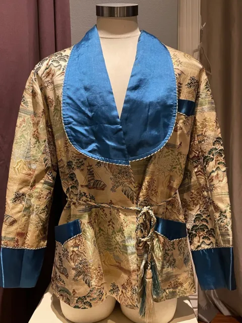 Vtg 40'S Yamato Co Blue&Tan Gold Brocade Print Fabric Tie Waist Smoking Jacket*L