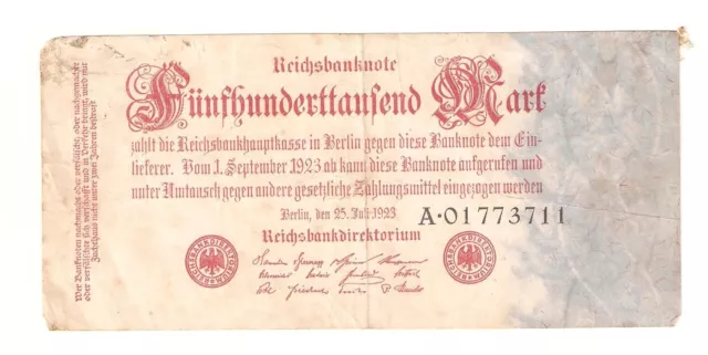 Deutsches Reich 500.000 Mark Banknote Geldschein 1923 Notgeld Kleber