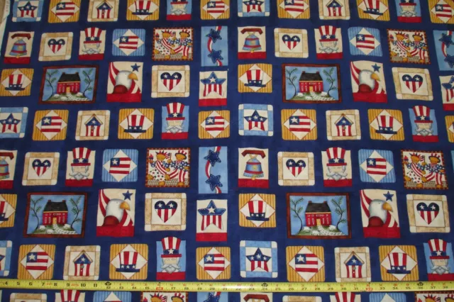 Stand Proud Patriotic Folk Art Print Cotton Fabric 1 Yd Bty Usa Stars Stripes 3