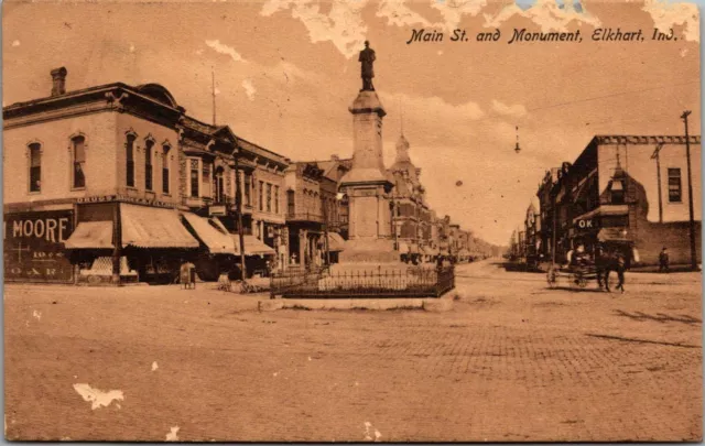 Postcard IN Elkhart, Main Street and Monument  1909  RPPC Real Photo  Ad