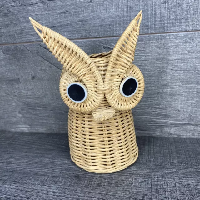 MCM  Vintage Wicker Owl Shaped Basket Pen Pencil Holder Desk Planter Vase Boho