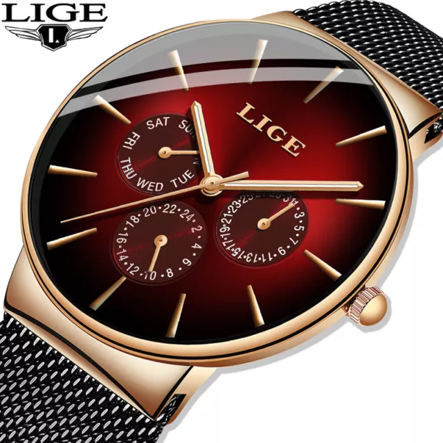 LIGE – Montre-Bracelet Ultra mince de luxe, Bracelet en maille, Étanche,En Boite