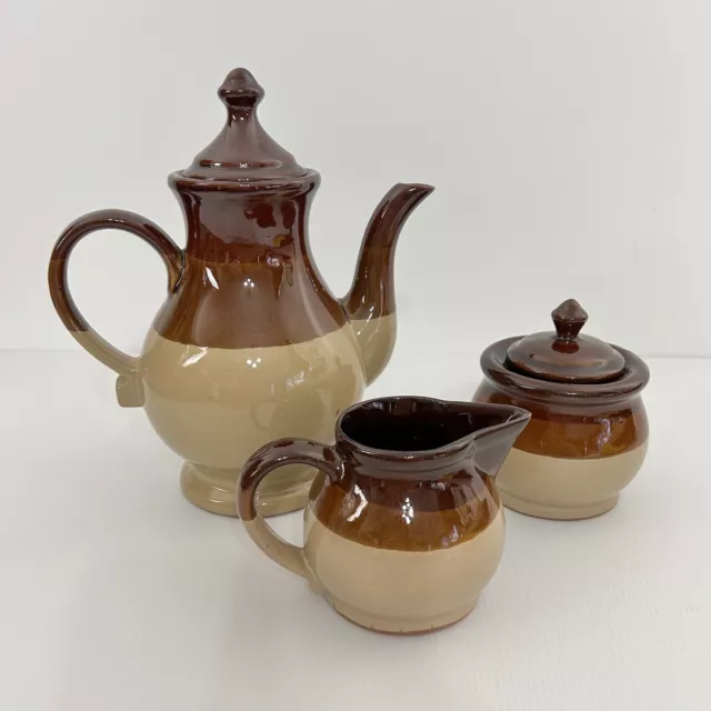 Taiwan Stoneware 3 Piece Tea Set Two Tone Beige And Brown