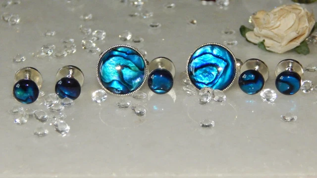 15mm S/P Cufflinks & 8mm S/P Shirt Studs & Blue Paua/Abalone Shell-Tuxedo-Formal