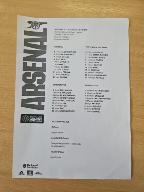 Original Arsenal v Spurs Tottenham Women A4 Team Sheet 3 March 2024