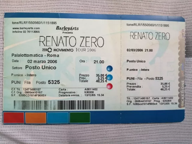 Biglietto Concerto RENATO ZERO Zero Movimento Tour 2006 ROMA Ticket