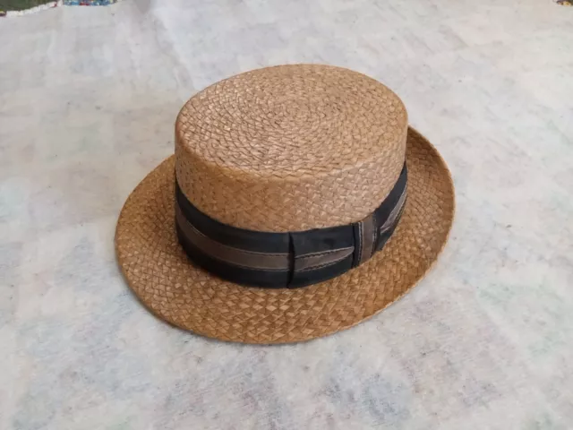 Vintage 1920s Italian Made Boater Straw Hat Handmade Men's 7⅛ Flat Top Very Nice
