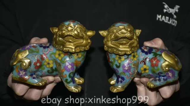 5.2" Old Chinese Copper Cloisonne Fengshui Foo Fu Dog Guardion Lion Statue Pair