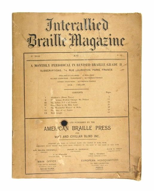 AMERICAN BRAILLE PRESS for War... / Interallied Braille Magazine 3rd