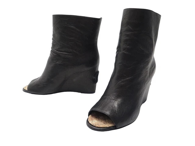 Neuf Chaussures Chanel G28121 Bottines Open Toe 40 En Cuir Noir Low Boots 1550€