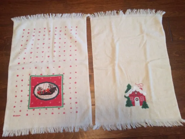 2 Vintage USA Cannon Hand dish towels holiday christmas embroidered white Red *+