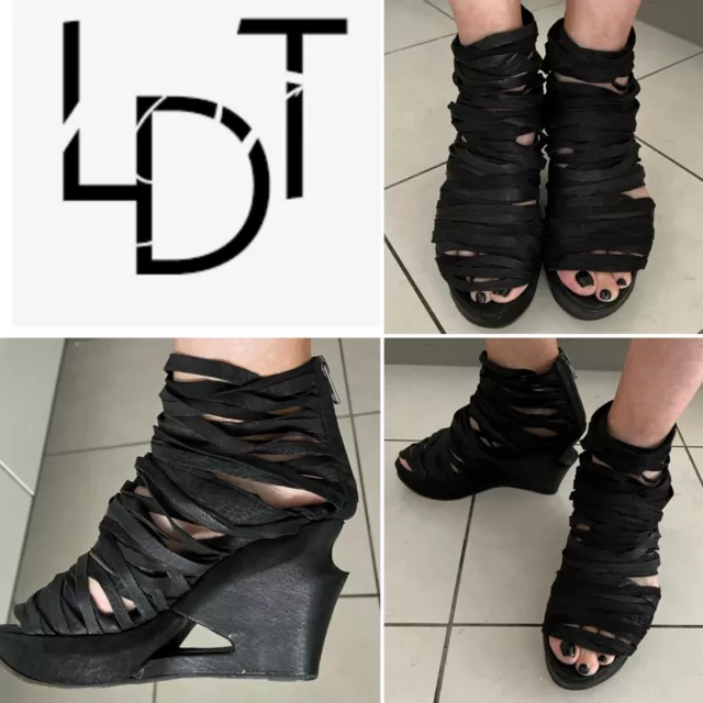 L.D.TUTTLE Black Leather, Ankle Booty, Platform Wedge Strappy Sandals 37.5IT/8US