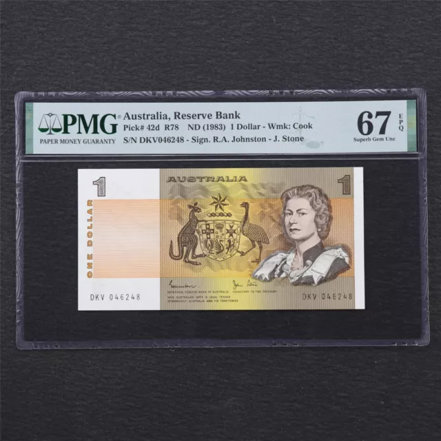 1983 Australia Reserve Bank 1 Dollar Pick#42d PMG 67 EPQ Superb Gem UNC 1983 Australia Reserve Bank 1 Dollar Pick#42d PMG 67 EPQ Superb Gem UNC