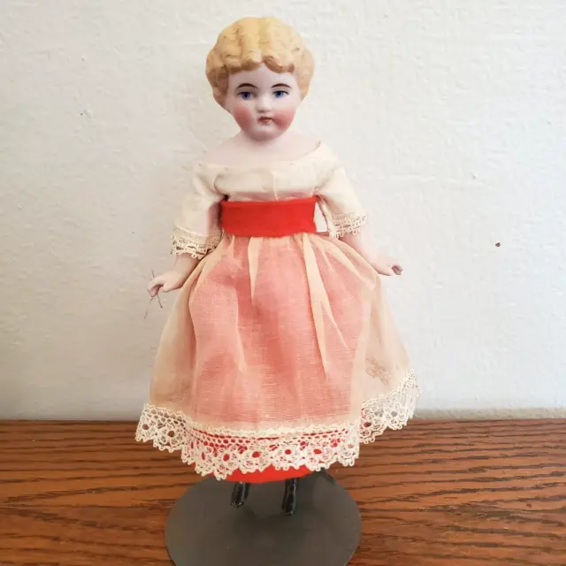 7" Antique German Bisque Doll, Molded Hair, Painted Eyes, All Original, NICE