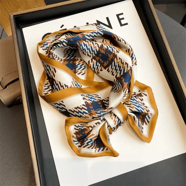 Luxury Ribbon Pattern Silk Fashion Scarf - Gold Plaid