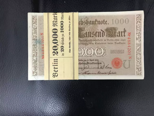 1000 Reichsmark 1910 mit Original-Banderole 20 Stück Bankfrisch wie verausgabt