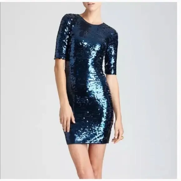 BCBGMAXAZRIA Marta Sequin Bodycon 1/2 Sleeve Dress Navy Blue Womens M Medium